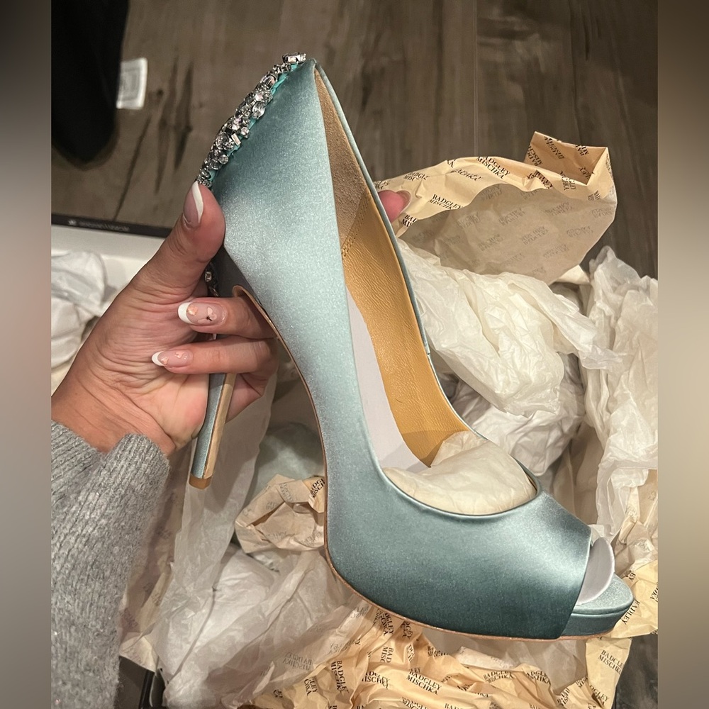 Badgley Mischka Satin Blue Peep-Toe Heels